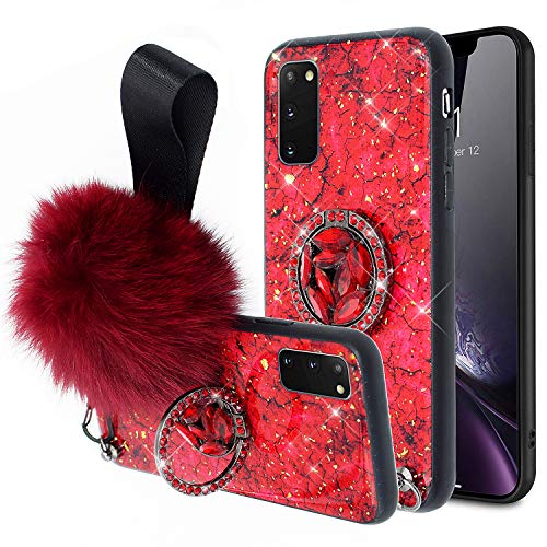 Urhause Cover Compatible with Samsung Galaxy S20 Case Sparkle Glitter Bling Sequins Amber Case Ring Holder Cover with Plush Ball TPU Silicone Case Kickstand Shiny Bling Shockproof Cover Red