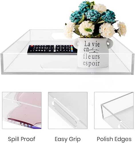 Miniatura 7 de Bandeja de acrílico para servir (12 x 12 x 2 pulgadas) con asas, a prueba de derrames, bandeja decorativa transparente para aperitivos, desayuno,