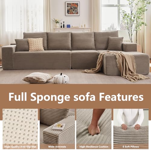 Image of 135.4 inch Modular Sectional Sofa, Modern Corduroy Cloud Couch with Deep Seat, Boneless Couch Upholstered 4-Seater L-Shaped Sofa for Living Room, No Assembly Required (Camel, Right-Facing Chaise)