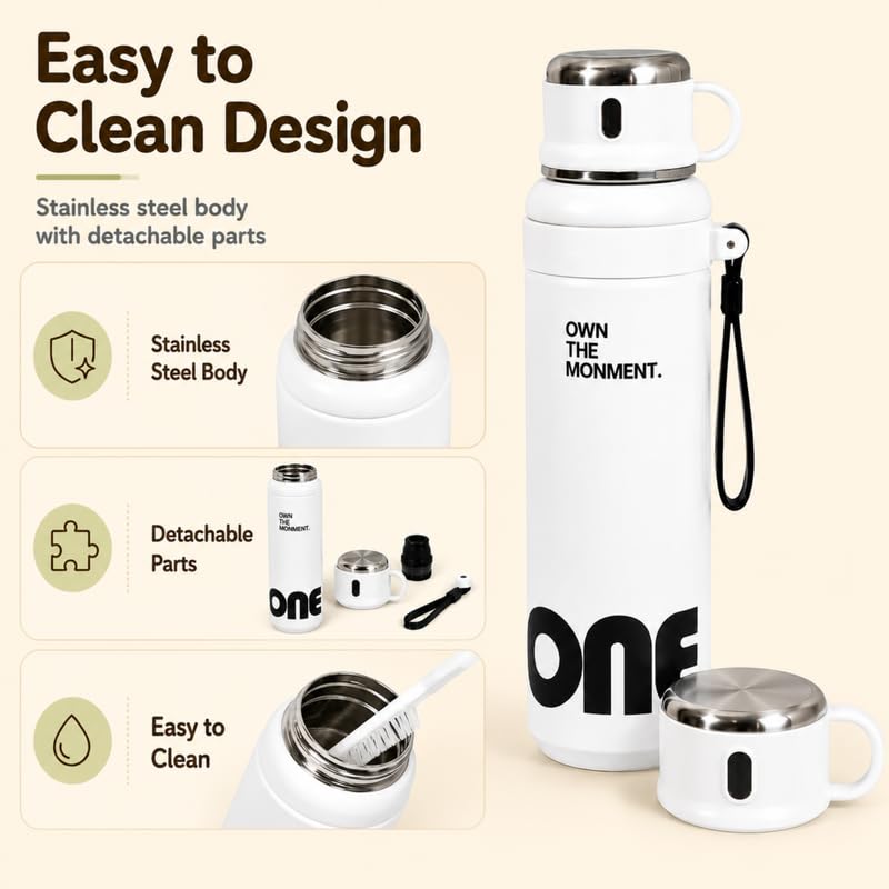 Image of Homero Premium Steel Bottle 1 Litre 1L, Stylish Water Bottle with Cup & Straw, Leak Proof Sleek Metal Design for Office, Gym, School, College & Travel Use - Classic White