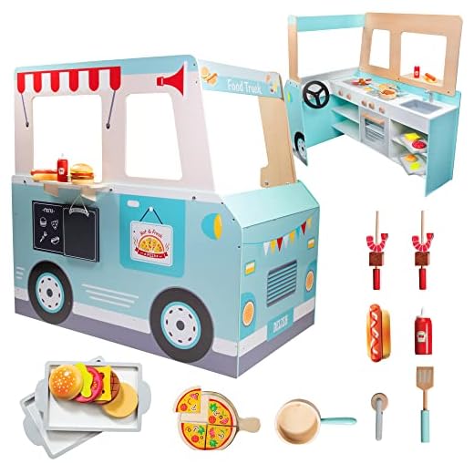 Food Truck Wooden Playset, 20 Fun Toy Pieces Including Cook Top, Steering Wheel, Sticker Sheet for Kids Name, Includes Food Tray, Pizza Slices & More, Dual Sided Play Stand for Indoor Fun Ages 3+