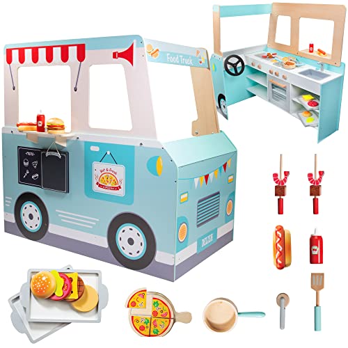 Food Truck Wooden Playset- 20 Toy Pieces Including Cook Top Steering Wheel