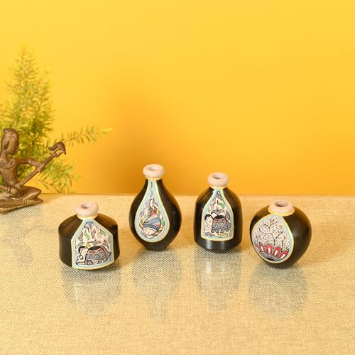 Image of Aakriti Art Creations Madhubani Terracotta Miniature Decor Vases Set of 4 | Black Hand-Painted Flower Vases | Matte Finish Decorative Vases for Living Room, Table Decor & Gifting