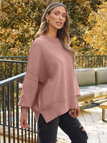 Image of LILLUSORY Women's Oversized Batwing Sweaters 2026 Fall Outfits Trendy Crewneck Knit Side Slit Fashion Pullover Tops
