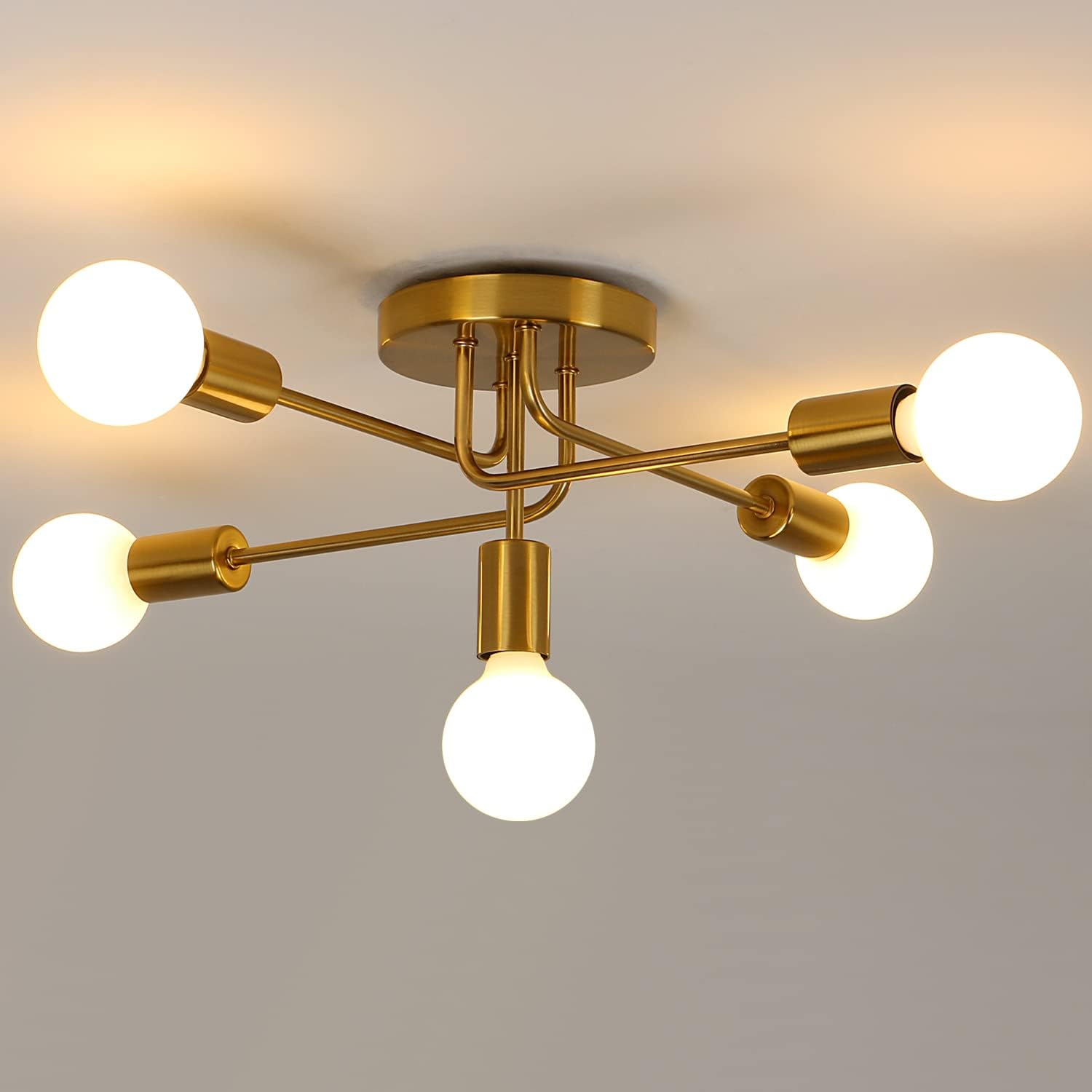 Modern Sputnik Chandelier Ceiling Light, 5 Lights Golden Semi Flush Mount Ceiling Lights, Adjustable Ceiling Light Fitting for Living Room Kitchen Dining Room Farmhouse Hallway
