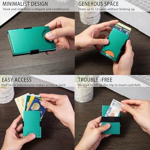 Image of Slim Card Holder Wallet for Men, Minimalist RFID Blocking Pop Up Wallet, Smart Metal Business Card Case Holds 12 Cards, Ultra-Thin Front Pocket Wallet, Gifts for Men