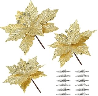 Toddmomy 12Pieces Christmas Glitter Poinsettia Flowers, Artificial Poinsettia Decorations Christmas Tree Floral Ornaments with Stems and Clips for Xmas Holiday Seasonal Decorations, Golden