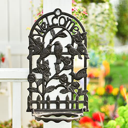 Sungmor Cast Iron Flower Pot Holder - Welcome Wall Rack with Decorative Pattern Design, Large Heavy-Duty Wall Pocket Planter, Plant Holder Ring, Bracket Hanging Ring for Vertical Garden