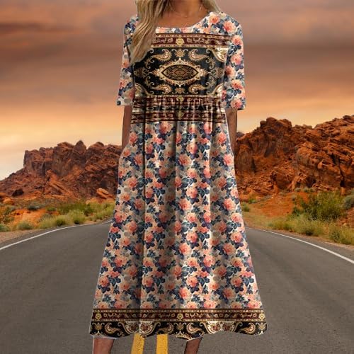 Boho Dress for Women Floral Print Short Sleeve Crewneck Plus Size High Waist Smocked Flowy Swing Ruffle Dress - Image 2