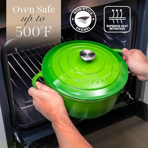 Image of Cast Iron Dutch Oven with Lid-Non-Stick Ovenproof Enamelled Casserole Pot - Sturdy Dutch Oven Cookware - Green, 7.3- Quart, 30cm- by Nuovva