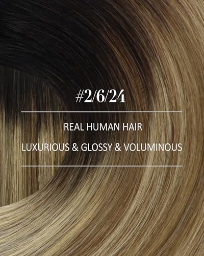 Image of YoungSee 135g Clip in Human Hair Extensions Balayage Remy Clip in Hair Extensions Dark Brown Ombre Medium Brown with Blonde Can Be Heat-styled Real Hair Extension Clip ins Human Hair 18 Inch 7pcs