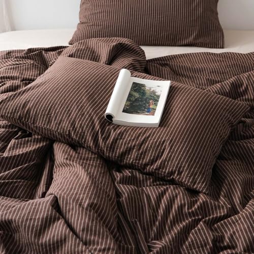 Image of Nayoroom Striped Duvet Cover Queen Brown Pinstripe Bedding Set