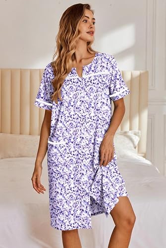 Image of Ekouaer Nightgowns for Women House Dress with Pockets Button Down Sleepshirt Short Sleeve Nightshirt Housecoat