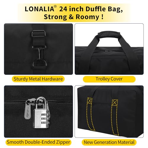 LONALIA 70L Reisetasche Groß mit Schultergurt - Aufbewahrungstasche Transporttasche für Reisen Umzug Camping 61x30x38cm (Schwarz)