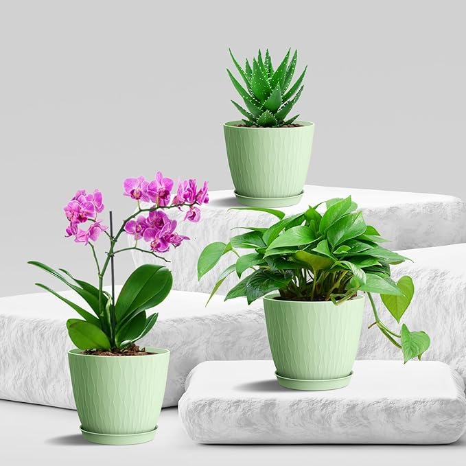 Image of StyleX Store Plastic Round Flower Pots with Drainage Hole Saucers | Durable Outdoor Indoor Wave Pattern Planters with Tray | Plant Containers for Garden, Office, Balcony and Home (Set of 5, Green)