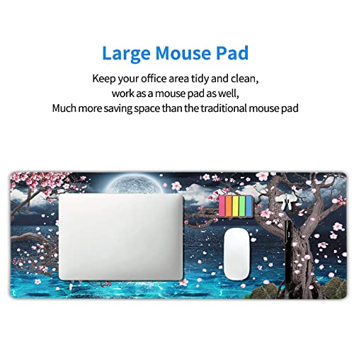 Image of Pink Cherry Blossom Gaming Mouse Pad XL Sakura Tree Blue Ocean Moon Night Extended Big Large Desk Mat Non-Slip Rubber Base Stitched Edge Long Keyboard Mousepad for PC Computer Laptop,31.5x11.8 in
