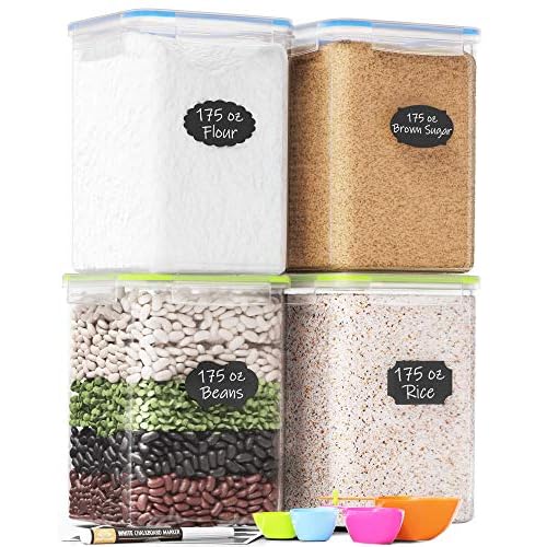 Chef’s Path Kitchen Storage Box Set of 4 Extra Large Airtight Food Storage Jars for Sugar Flour Cereal Rice – Measuring Spoons, Pen and Food Preservation Labels (5.2 L)