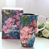 DUSVALLY 17 oz Ceramic Travel Mug with Handle and Splash-Resistant Slider Lid, Large Coffee Mug for Men Women Office Work, Just Believe Flowers