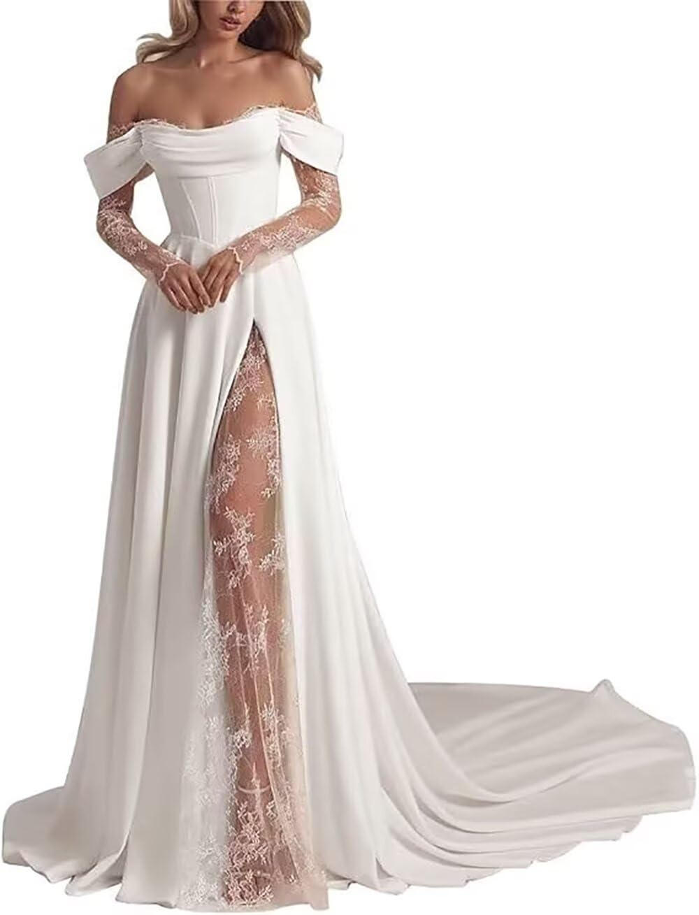 Damen Brautkleider mit Spitze Lang Boho Beach Brautkleid mit Schlitz Elegant A-Linie hochzeitskleid