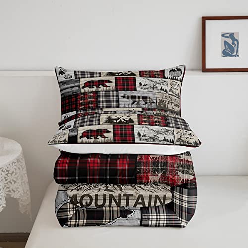 Rustic Cabin Comforter Set King Woodland Wolf Deer Bear Comforter For Kids Adults,Red Black Buffalo Plaid Bedding Set Wildlife Camping Lodge Mountain Quilt Bedding Southwestern Farmhouse Decor #TOP4