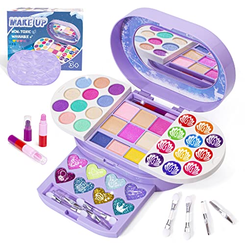 Kids Makeup Kit for Girls, Princess Real Washable MakeUp Kit, Cosmetic Pretend Play Dress Up Toy, Non Toxic Frozen Makeup Beauty Set Christmas Halloween Birthday Gift for Aged 3-12 Years Old Toddlers