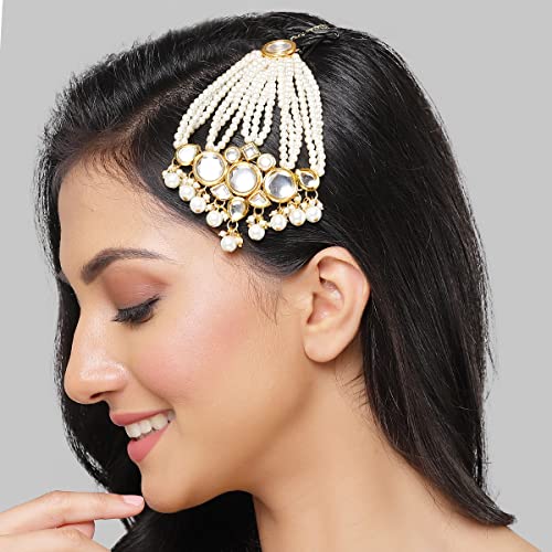 Image of Karatcart Gold Plated Pearl Beads Studded Floral Design Kundan Passa for Women