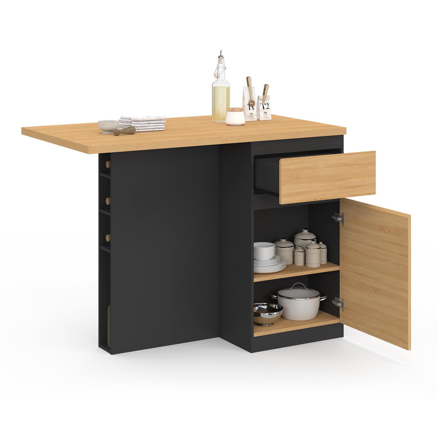 IDMarket - Ilot central TINO 120 cm avec range-bouteilles 4 personnes bois noir avec plan de travail façon hêtre