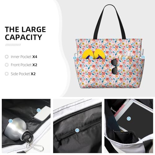 Large Beach Bags Water-resistant Sandproof - Floral Ditsy Cute Beach Tote Bags for Women with Zipper3