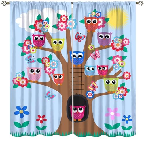ICMOLYYENLO Owl Curtains Kids Cartoon Cute Fun Owl Graffiti Style Living Room Curtains for Children's Room Nursery Curtains 42x45 inch 2 Panels (Decor)