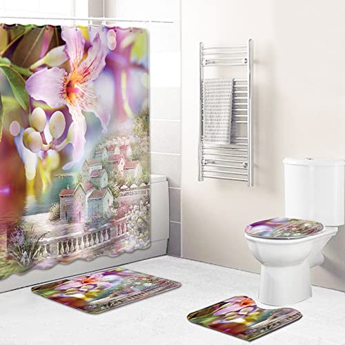 Duschvorhang Lila Lily Grün Badezimmerteppich 4-Teiliges Set, Duschvorhang 180x180 Polyester+Badematte rutschfeste(50x80…