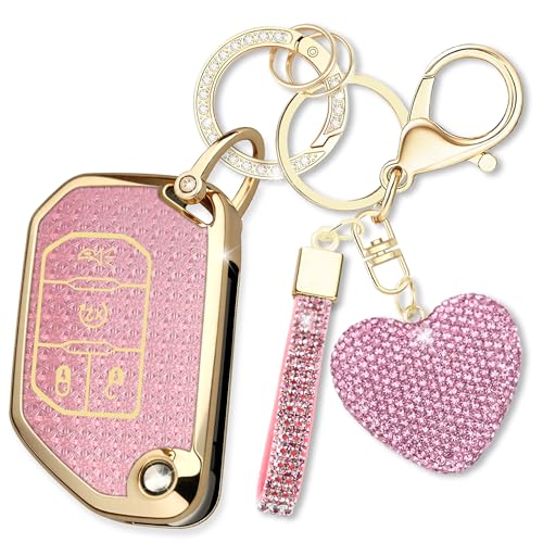 Simocky Compatible with Jeep Key Fob Cover with Keychain, Soft TPU Car Key Shell Case for Women, Compatible with Jeep Wrangler JLU JL Gladiator Rubicon JT Flip Full Cover Protector (4 Buttons-Pink)