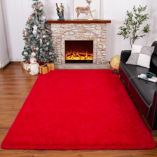 HOMORE Red Rugs for Bedroom, 4x6 Feet Fluffy Area Rug Modern Shag Rugs for Living Room, Super Soft Furry Rug for Girls Room, Cute Carpets for Kids Nursery Home Dorm Decor