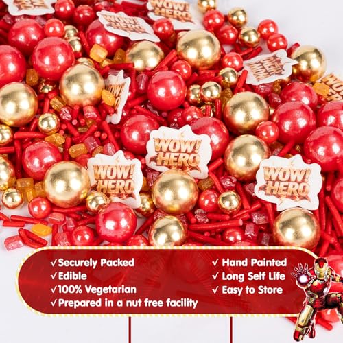 Image of Edible Hero Sprinkles,Red Gold Pearls and Jimmies Sprinkle Mix Heroes Wafer Paper,130g,Movie Theme Cake Cupcake Cookie Donut Decorations for Birthday,Graduation,Father's Day,Hero Themed Party,Superhero Party Supplies