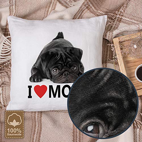 printplanet® Kopfkissen Mops, Kissen mit Füllung I Love Mops, 40 cm, 100% Baumwolle