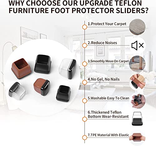 24 Pcs Chair Leg Sliders For Carpet, Square Chair Glides, Furniture Leg Protectors Caps, Carpet Protectors Table Feet Covers Cups, Teflon Furniture Pads Sliders No Scratches (Fit 1.1" - 1.45", Clear) #TOP2