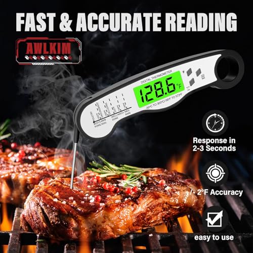 AWLKIM® Meat Thermometer Digital - Fast Instant Read Food Thermometer for Cooking, Candy Making, Outside Grill, IP67 Waterproof Kitchen Thermometer with Backlight, Stocking Stuffers for Men - Black