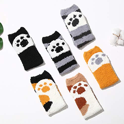 Tosewever 6 Pairs Cute Cat Paw Socks Women Winter Fuzzy Cozy Plush Slipper Socks2