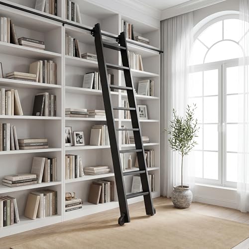 96 Rolling Library Metal Step Ladder 8-Step Portable 330lb Heavy Duty Black Movable Ladder 4FT Sliding Hardware Track Kit Bottom Wheel Included for Kitchen Loft Warehouses and Bookstore
