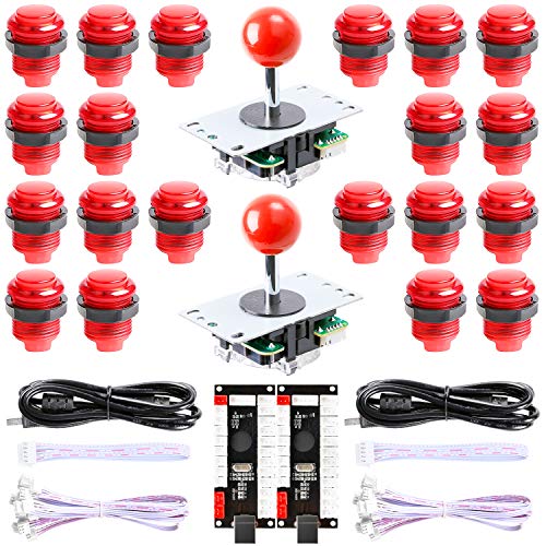 Hikig New Updated Version 2-Player LED Arcade DIY Kit - 2X Zero Delay LED USB Encoder + 2X Arcade Joystick + 20x LED Arcade Buttons for MAME, PC, Windows, Raspberry Pi, Arcade1Up (All Red Kit)