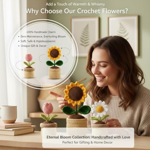 Image of Handmade Crochet Sunflower Pot - Eco-Friendly Knitted Flower Plant for Home Decor, Cute Crochet Flowers for Office Desk, Table Decor & Gift Item (White)