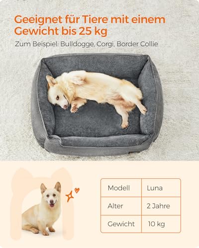 Feandrea Hundebett, Hundekissen in Leinenoptik, Hundekorb, erhöhte Ränder, rutschfeste Unterseite, Bezug abnehmbar waschbar, L, für mittelgroße Hunde, 90 x 75 x 25 cm, hellgrau PGW11GG