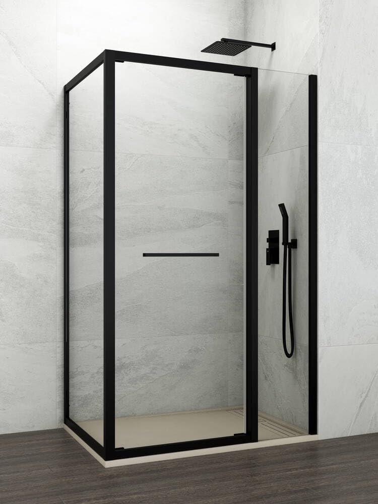 GME - Mampara Ducha Negra 1 Puerta Corredera Plegable + 90cm Panel Lateral Fijo 95cm | Mampara de Cristal Reversible, Perfilería con Ancho Adaptable, 195cm de Altura y Vidrio con Grosor 6mm