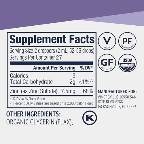 Image of VIMERGY USDA Organic Zinc Supplements for Women & Men (7.5mg Liquid Zinc Per Serving) Fast-Absorbing Immune Support, Promotes Healthy Bones & Skin, Vegan (55 mL) (Pack of 3)