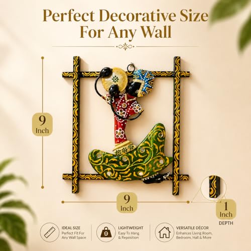 Image of iHandikart Handmade Metal Wall Art Sculpture for Home Decor | Traditional Rajasthani Folk Dancer Wall Hanging | Hand-Painted Iron Wall Art with Stone Work | Living Room & Bedroom Decor| 9 x 9 Inch