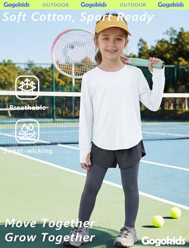 Gogokids Girls Long Sleeve Athletic Shirt, Breathable Cotton Activewear Top with Stretch, Split Back & Thumbholes, White, 140, 9-10 Years — view 5