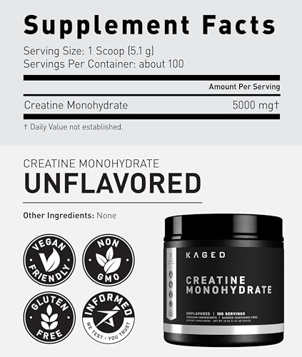 Image of Kaged Creatine Monohydrate Micronized Powder | Unflavored | Muscle Building & Recovery | 5000 mg Per Serving | Vegan, Gluten Free, Easily Digestible | Supplements for Men & Women | 100 Servings