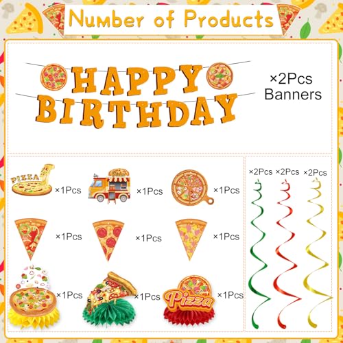 Image of Pizza Birthday Party Decorations - 11PCS Pizza Happy Birthday Banners Hanging Swirl Honeycomb Centerpieces Table Decor Supplies
