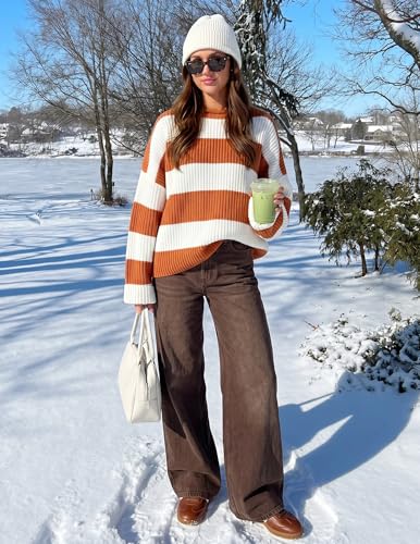 Image of ZESICA Womens Long Sleeve Oversized Striped Knitted Sweaters | Color Block Sweater,Crew Neck Sweater,Loose Fit Sweater,Ribbed Knit Pullover,2026 Fall Winter Sweater,Casual Going Out Top