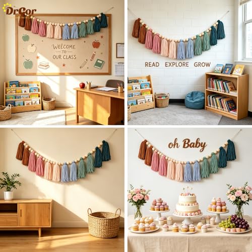 Image of DrCor Earth Tone Tassel Garland - Boho Wall, Home & Office Decor