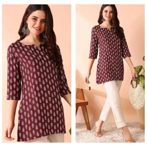 Image of Women's Short Kurti in TopsTunic Rayon Cotton Blend | Ladies Ethnic Tunic